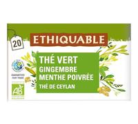 ETHIQUABLE - Thé Vert Bio Gingembre Menthe Poivrée Citron Ceylan - Conditionné en France - la boite de 20 sachets - Le Lot De 4