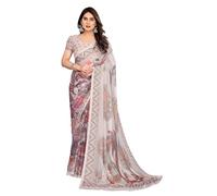 ETHNICMODE indien Sari For femme Printed Georgette Light Weight Jari Party Wear Beige Saree With Unstitched Beige Blouse Piece-1162