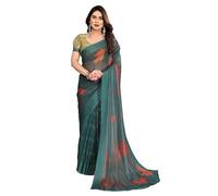 ETHNICMODE indien Sari For femme Printed Georgette Light Weight Jari Party Wear Green Saree With Unstitched Mehendi Blouse Piece-1147