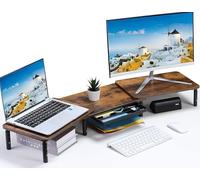 ETHU Support double écran pour PC, ordinateur, ordinateur portable et imprimante, 3 niveaux de longueur et angle réglables avec support pour téléphone et tiroir, accessoires de bureau