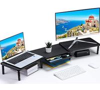 ETHU Support double moniteur, double moniteur pour 2 moniteurs avec tiroir de rangement, 3 étagères réglables en longueur et angle pour PC, ordinateur, ordinateur portable, TV (noir)