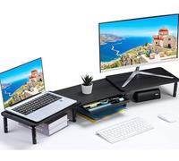 ETHU Support pour double écran, hauteur réglable pour 2 écrans, support de moniteur réglable avec tiroir et support de téléphone, rehausseur de moniteur réglable en longueur et en angle