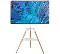 ETHU Support TV Trépied Bois 32-65" jusqu'à 40kg, Pied TV Design Scandinave Pivotant ±70° Hauteur Réglable, Support TV Chevalet Bois Blanc avec Étagère Cœur, sans Percer