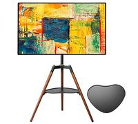 ETHU Support TV Trépied Bois 32-65" jusqu'à 40kg, Pied TV Design Scandinave Pivotant ±70° Hauteur Réglable, Support TV Chevalet Bois Marron avec Étagère Cœur, sans Percer