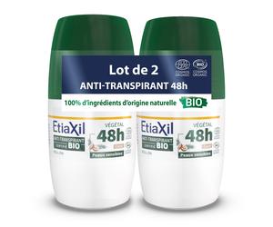 ETIAXIL - Déodorant Anti-transpirant Végétal Transpiration Modérée Certifié Bio Aisselles 48h Parfum Coco Roll On 50 ml Lot de 2 Rouleau 100