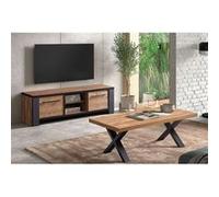 ETIENNE - Ensemble Salon Meuble TV et Table Basse Aspect Bois Denver Piètement X Métal Noir -