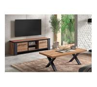 ETIENNE - Ensemble Salon Meuble TV et Table Basse Aspect Bois Piètement X Métal Noir