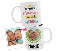ETIKIDS Tasse céramique LA MEILLEURE MAMAN DU MONDE avec prénom et photo personnalisés. Idéal cadeau de Noël ou d'anniversaire personnalisé original. Mug de petit déjeuner 325 ml