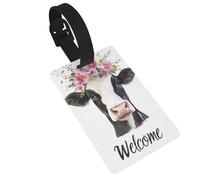 Étiquette aquarelle vache avec couronne florale, étiquettes de bagage, étiquettes d'identification de nom, étiquettes de valise, idéales pour les sacs à dos de voyage et de croisière