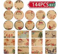 Étiquette Autocollante de Noël-144PCS Autocollants de Noms de Cadeaux, Papier Etiquettes pour Cadeaux, 24 Modèles Étiquettes de Noël Vintage, Étiquettes Kraft Autocollantes pour Cadeaux de Noël