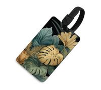 Étiquette de bagage avec feuilles tropicales dorées et vertes