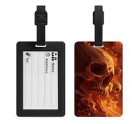 Étiquette de bagage avec flammes tourbillonnantes, vagues et crânes