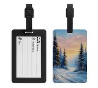 Étiquette de bagage avec inscription « Winter Sunset Snowy Pine Trees Road Tracks »