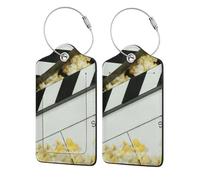 Étiquette de bagage de cinéma et pop-corn pour valise, étiquettes de bagage durables avec identificateurs de boucle en métal avec étiquettes de confidentialité en polyuréthane, étiquettes de nom