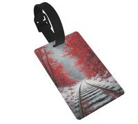 Étiquette de bagage en bois rouge avec chemin de fer enneigé, idéal pour les sacs à dos de voyage, croisière, sac à dos