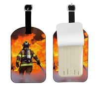 Étiquette de bagage en cuir avec flammes de pompier - Étiquette d'identification personnalisée en cuir PU pour sac de voyage, design double face, protection de la vie privée, accessoire de voyage