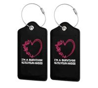 Étiquette de bagage en cuir Burgundy Heart I'm A Survivor Multiple Myeloma Awareness avec anneau en acier inoxydable et protection de confidentialité pour valise Travel5