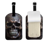 Étiquette de bagage en cuir PU avec tête de mort couleur cuivre, étiquette de valise de voyage personnalisée double face avec protection de confidentialité