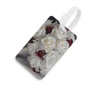 Étiquette de bagage en soie blanche avec roses de mariage - Étiquette de bagage unique - Étiquette d'identification personnalisée - Carte d'adresse et anneau rond durable - Cadeau de voyage