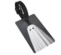 Étiquette de bagage motif chat noir sur feuille blanche tête de fantôme, idéal pour les sacs à dos de voyage, croisière, sac à dos