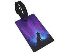 Étiquette de bagage motif renard dans un paysage urbain fluo, idéal pour les sacs à dos de voyage et de croisière