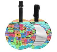 Étiquette de bagage ronde en cuir avec carte américaine de dessin animé pour valises, sacs à main de voyage et sacs en cuir, faciles à identifier avec l'étiquette d'identification de la couverture de