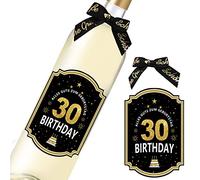 Étiquette de bouteille pour 30e anniversaire avec nœud - Vernis noir doré - 8,5 x 11,5 cm - Happy Birthday 30 - Décoration d'anniversaire - Cadeau d'anniversaire pour femmes et hommes (vin non inclus)