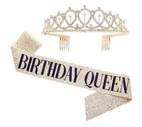 Étiquette de fête d'anniversaire Bandoulière Costume Anniversairegirl Couronne Poudre Or Rose Accessoires Photo Fête Bandeau-Golden Queen 2pcs