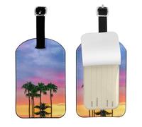 Étiquette d'identification en cuir avec motif coucher de soleil, nuages, palmier, protection de la vie privée, voyage, hôtel, croisière, aéroport