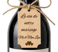 Étiquette en Bois Personnalisée pour Mariage, Baptême et Événements - Marque-Place Gravé Personnalisable - Décoration de Table, Dragées et Cadeaux Invités - Fabrication Française, Bouteille coeur