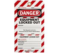 Étiquette Non Adhésive en 2 Parties Perforée avec Légende "Danger Equipment Locked Out", 101.60mm x 177.80mm, Rouge/Noir, Lot de 25