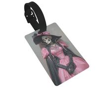 Étiquette squelette portant une robe rose noire pour bagages, étiquette d'identification pour valise, idéal pour les sacs à dos de voyage et de croisière