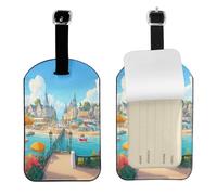 Étiquettes à bagages « A Joyful Holiday by The Seaside » - Identifiant d'identification de valise de voyage - Cuir synthétique souple - Essentiels de voyage en avion