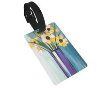 Étiquettes à bagages avec fleurs jaunes dans un vase bleu, idéales pour les sacs à dos de voyage, croisière, sac à dos