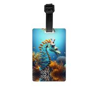 Étiquettes à bagages avec imprimé hippocampe bleu avec couverture arrière intégrale - Étiquette d'identification en PVC durable pour valises, sacs de voyage