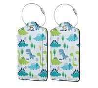 Étiquettes à bagages dessin animé dinosaure vert et bleu et arbre avec boucle en acier inoxydable et cache de confidentialité - Motif amusant, mignon et unique - Lot de 2