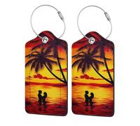 Étiquettes à bagages en cuir avec rabat d'intimité, 1 étiquette d'identification de voyage, couple de coucher de soleil, porte-badge étanche avec boucle en acier inoxydable pour voyage, sac à dos