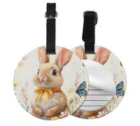 Étiquettes à bagages rondes à motif lapin fleuri, en cuir, avec cache-étiquette pour nom et identité, pour sac de voyage ou valise.
