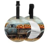 Étiquettes à bagages rondes en cuir PU à motif camion bleu moisson, avec cache pour préserver la confidentialité, pour valises et sacs de voyage pour hommes et femmes.