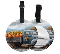 Étiquettes à bagages rondes en cuir PU à motif camion bleu moisson, avec cache pour préserver la confidentialité, pour valises et sacs de voyage pour hommes et femmes.