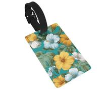 Étiquettes à bagages tropicales avec fleurs d'hibiscus bleu, jaune, blanc, idéal pour les sacs à dos de voyage et de croisière