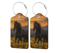 Étiquettes à boucle en cuir et acier inoxydable, motif cheval dans une prairie de fleurs sauvages à l'heure dorée, personnalisées pour femmes, hommes et enfants, 2 pièces