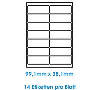 Étiquettes autocollantes Blanches Finition Brillante Différents formats. 50 feuilles de format DIN A4, 180 g/m² convenant uniquement aux imprimantes jet d’encre (imprimantes jet d’encre) 99,1x38,1