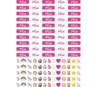 Étiquettes autocollantes personnalisées pour filles avec nom pour filles, imperméables, lot de 50 pièces féminines de couleur rose avec de jolis dessins à thème. (Mia)