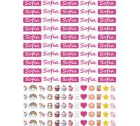 Étiquettes autocollantes personnalisées pour filles avec nom pour filles, imperméables, lot de 50 pièces féminines de couleur rose avec de jolis dessins à thème. (Sofia)