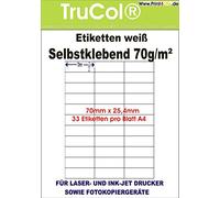 Étiquettes blanches autocollantes 70 x 25,4 sur le format DIN A4. 25, 100, 1000 feuilles DIN A4, 70 g/m² pour photocopieuses et imprimantes laser et jet d'encre. 1000 Blatt/33000 Etiketten