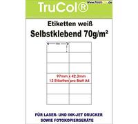 Étiquettes blanches autocollantes 97 x 42,3 sur le format DIN A4. 25, 100, 1000 feuilles DIN A4, 70 g/m² pour photocopieuses et imprimantes laser et jet d'encre. 100 Blatt / 1200 Etiketten