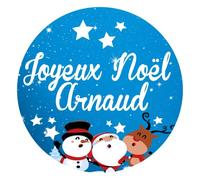 Étiquettes cadeaux JOYEUX NOËL (bleu) personnalisées avec 4 prénoms - Rondes Ø 35 mm - Stickers autocollants