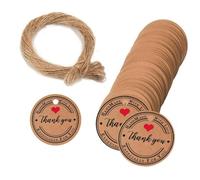 Étiquettes Cadeaux Rondes,100 Pcs Étiquette en Papier Kraft Rond 3X3cm Merci Étiquette en Papier Kraft Ronde avec Ficelle de Jute 20m,pour Mariage, Noël, Cadeau de Fête