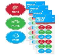 Étiquettes casher assorties, produits laitiers bleus, viande rouge, autocollants verts Parve, passent au four jusqu'à 500°, passent au micro-ondes, au lave-vaisselle, anglais, code couleur casher